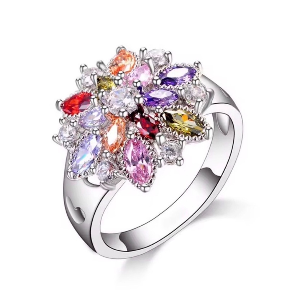 Multicolor Crystal Flower Cocktail Ring - Women Jewelry